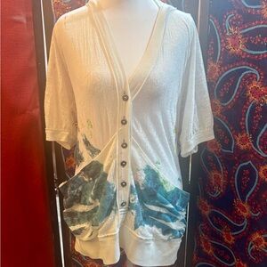 Women's white Button-Front Hooded Top with abstract Blue-Green Pocket Print